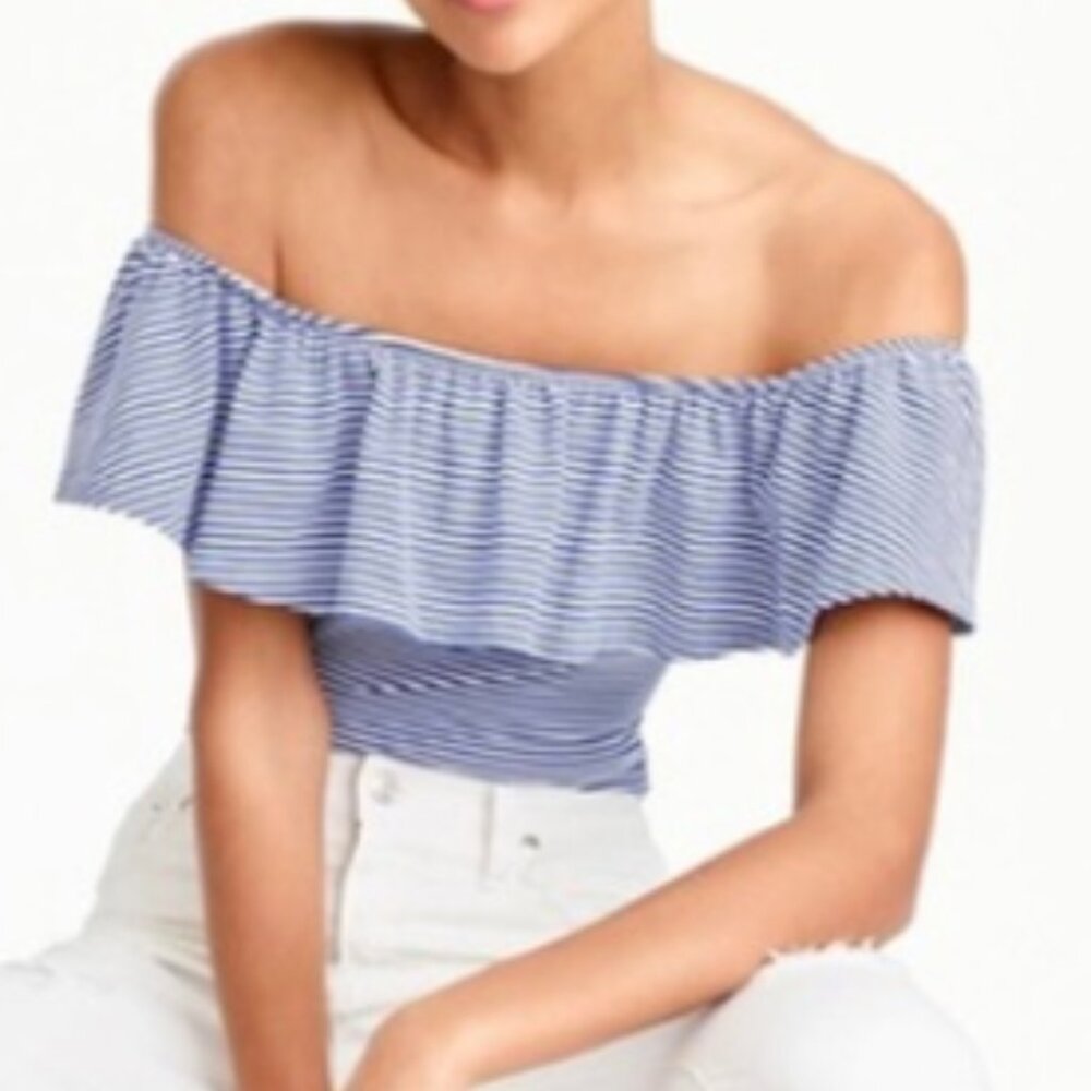 J. Crew Blue White Stripe Off the Shoulder Ruffle Bodysuit